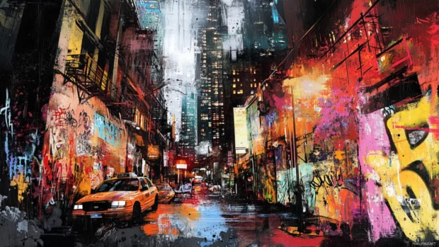 Downtown scene painted in chaotic elegance for immersive graffiti cityscape wallpapers.