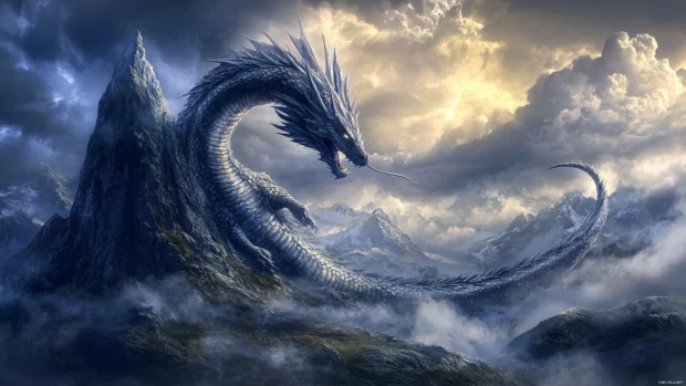 Dragon curled around a mountain peak as thunderclouds gather.