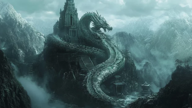 Dragon curled around an ancient mountain temple.
