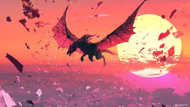 Dragon flying through shattered neon skies.