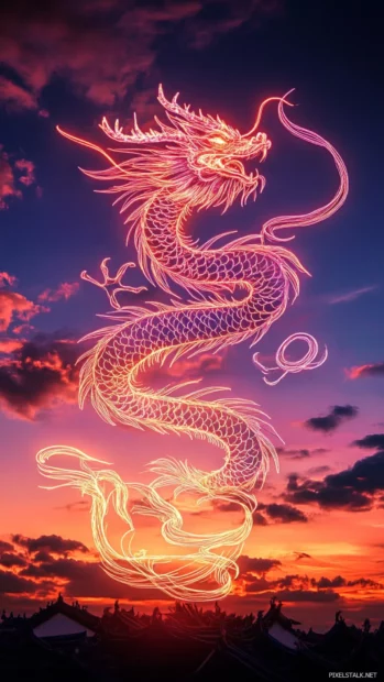 Dragon made of flowing neon lines in sky.