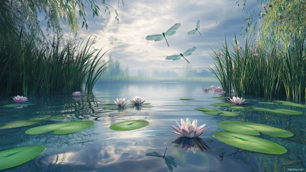 Dragonflies hover above a peaceful pond rimmed with reeds and lilies.