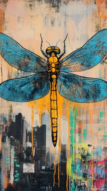 Dragonfly above urban skyline with graffiti wings outlined in blue.