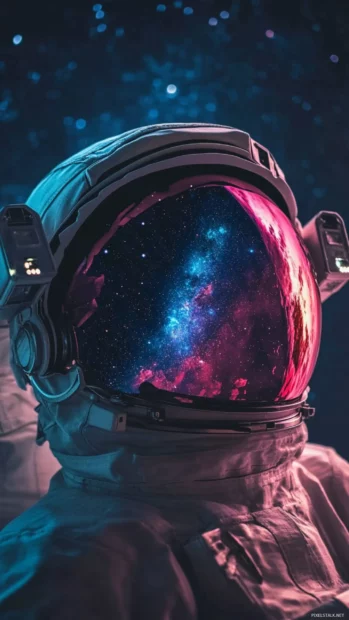 Dramatic Astronaut in Space Wallpaper showing reflection of the Milky Way in the helmet visor, formatted for iPhone screens.