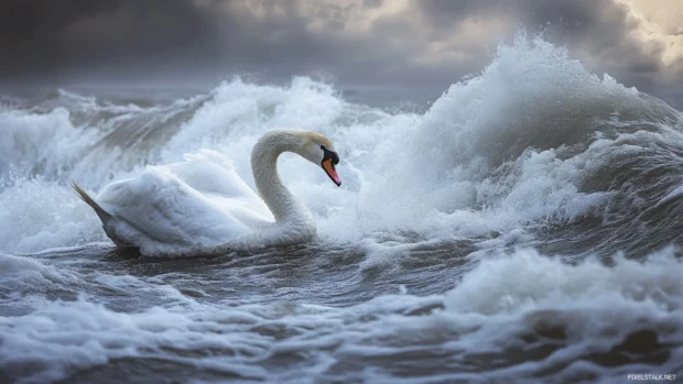 Dramatic Swan caught in stormy lake waves.