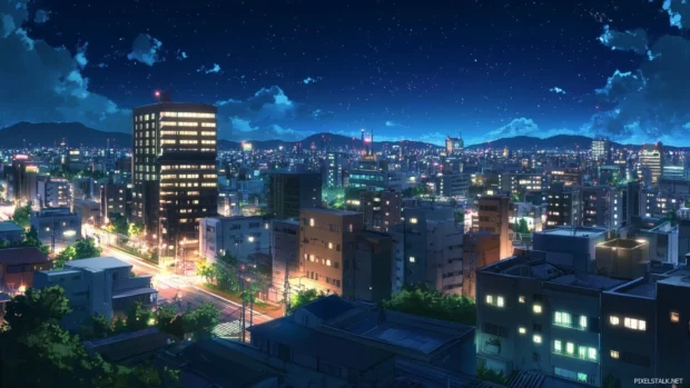 Dramatic anime night cityscape glowing in neon, anime desktop background.