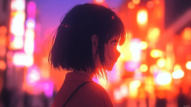 Dramatic cinematic lighting on an anime girl 4k desktop wallpaper with neon city glow.