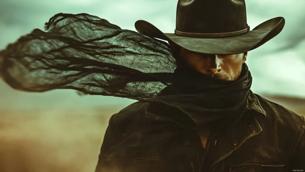 Dramatic portrait of cowboy with scarf blowing in desert wind.