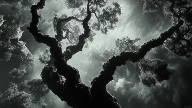 Dramatic shadowplay across Bio Digital Tree with fractal textures.
