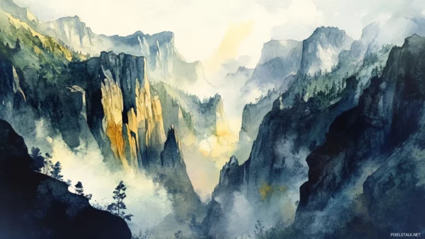 Dramatic watercolor cliffs plunging into deep valleys.