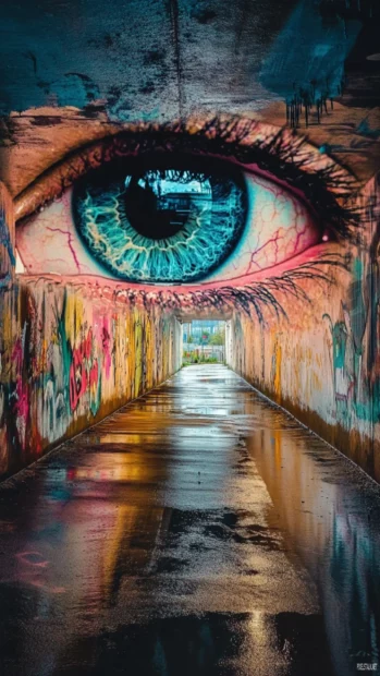 Dreaming eye leaking color trails in urban corridor.
