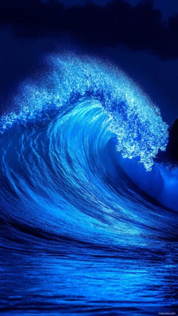 Dreamlike blue neon wave crashing into night sky illuminated by Neon blue dreamscape.