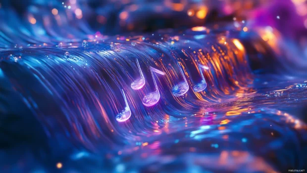 Dreamlike landscape with glowing music notes like river and soft colorful reflections.