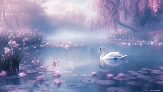 Dreamlike pastel Swan scene with mist and lilies.