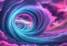 Dreamscape filled with swirling cool neon clouds inspired by Glowing cool neon vortex.