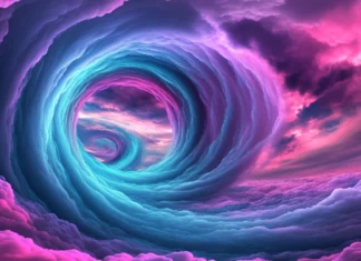 Dreamscape filled with swirling cool neon clouds inspired by Glowing cool neon vortex.