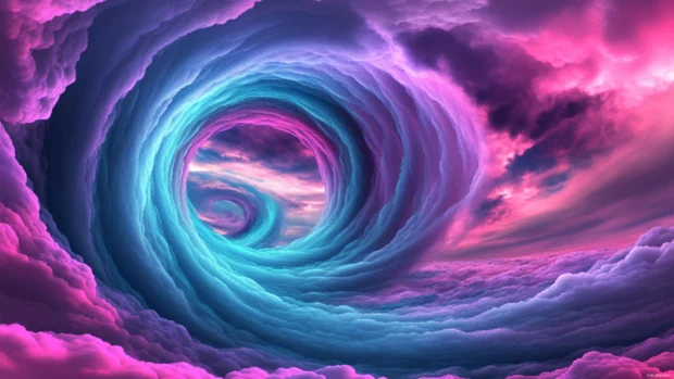 Dreamscape filled with swirling cool neon clouds inspired by Glowing cool neon vortex.
