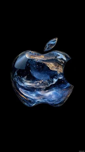 Dreamy Apple logo art on iPhone wallpaper set in the universe.