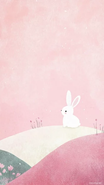 Dreamy Cute Lock screen Wallpapers with little bunnies hopping over pastel hills.