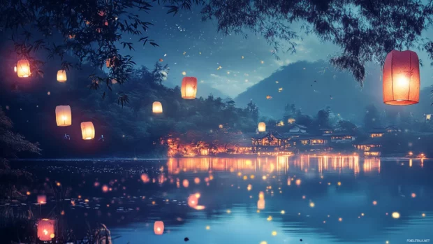 Dreamy Moving Anime Wallpapers of paper lanterns drifting over a calm lake.