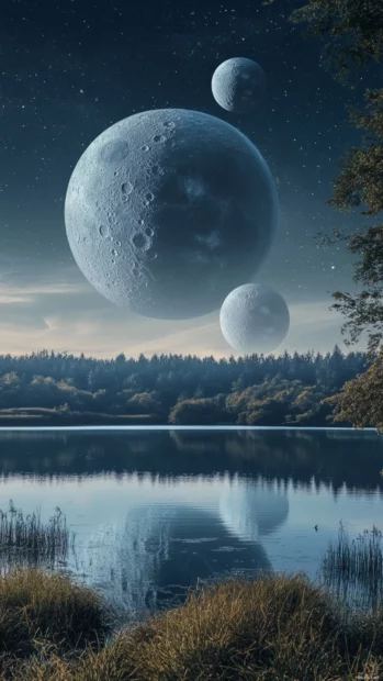 Dreamy Moving iPhone Wallpapers showing giant moons orbiting over a serene lake.