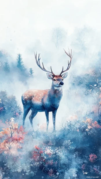 Dreamy Pastel Watercolor Deer Standing In A Misty Meadow.