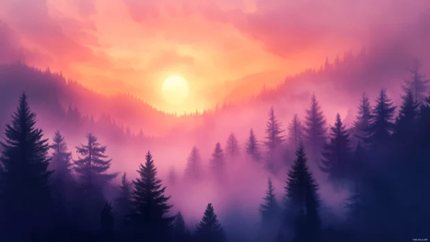 Dreamy Pretty Sunset with misty silhouette trees inspired by Dreamy sunset view wallpaper.