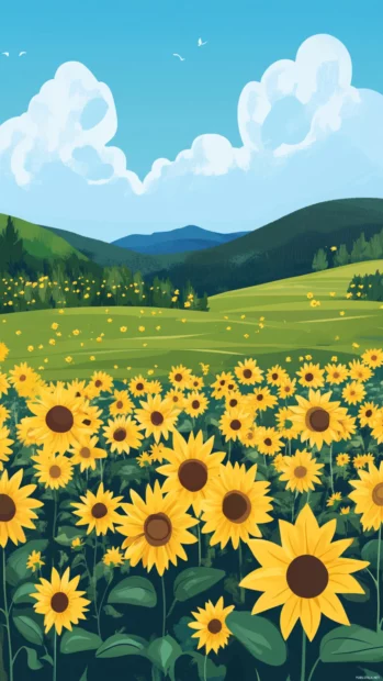 Dreamy Summer fields filled with sunflowers reaching toward the sky.
