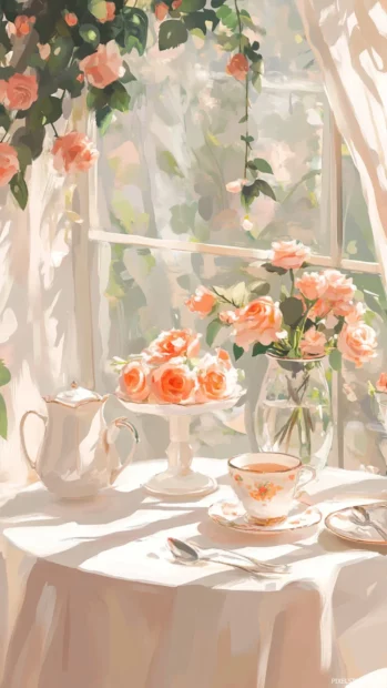 Dreamy Summertime afternoon tea with soft pink roses and light linens.