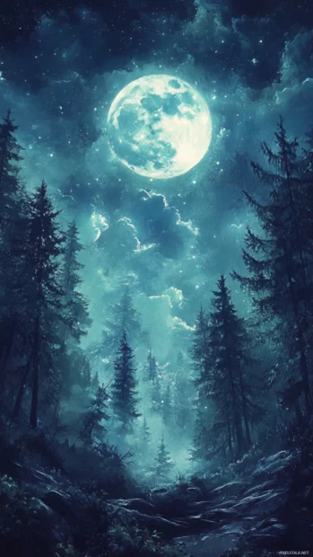 Dreamy Watercolor Android Wallpapers Of A Mystic Forest Bathed In Moonlight.