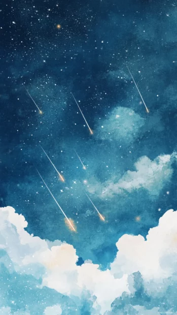 Dreamy Watercolor Sky Full Of Shooting Stars And Fading Clouds.