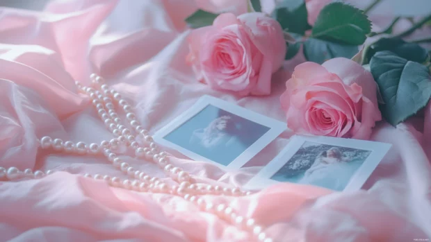 Dreamy aesthetic collage with polaroid pictures, roses, and pearls.
