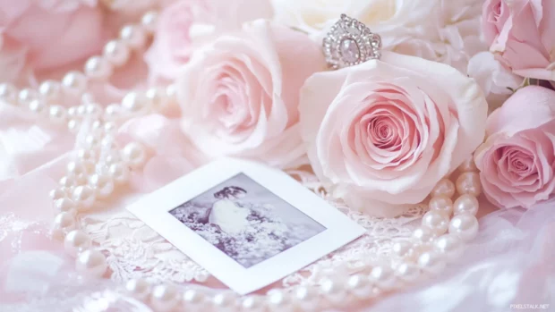 Dreamy aesthetic collage with polaroid pictures, roses, and pearls.