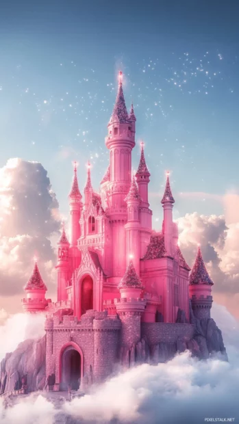 Dreamy aesthetic pink castle surrounded by glowing sparkles and clouds.