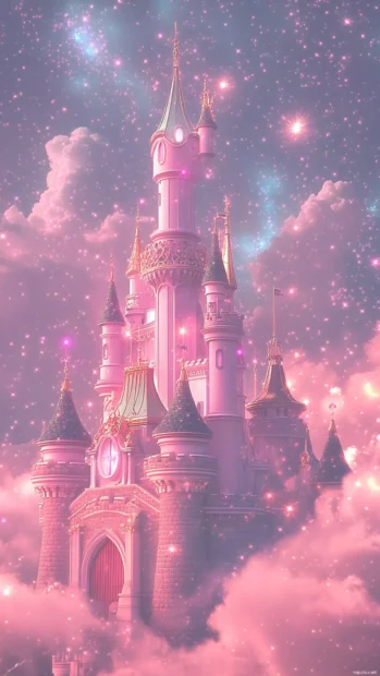 Dreamy aesthetic pink castle surrounded by glowing sparkles and clouds.