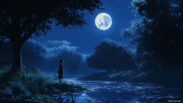 Dreamy aesthetic scene of anime girl wallpaper aesthetic with moonlight reflection.