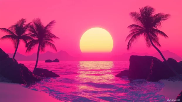 Dreamy beach scene, synthwave glow, neon lit palms, gradient sunset, retro atmosphere.