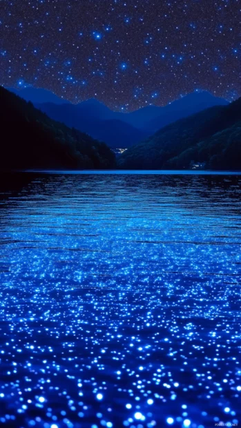 Dreamy blue starry wallpaper featuring stars floating over a calm midnight lake.