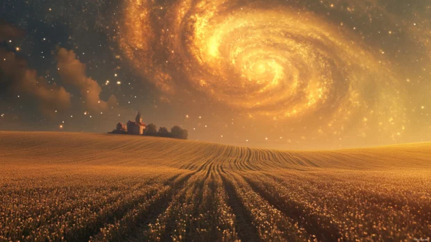 Dreamy golden galaxies swirling above silent fields.