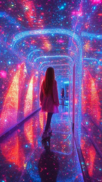 Dreamy neon dreamscape in kaleidoscope patterns, best suited for cool Trippy iPhone Wallpapers.