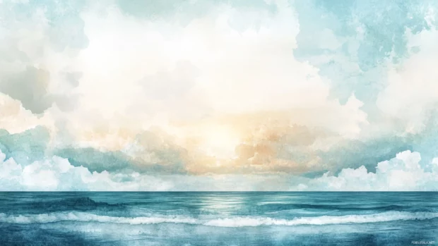 Dreamy ocean scene wallpaper featuring soft watercolor clouds and serene tides.