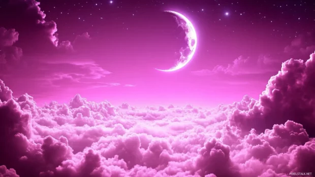 Dreamy pink sky with fluffy clouds and a glowing crescent moon.