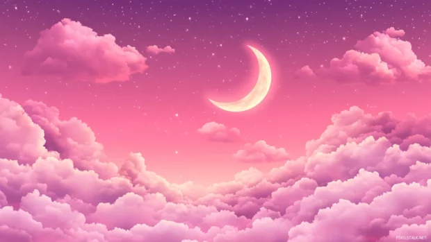 Dreamy pink sky with fluffy clouds and a glowing crescent moon.