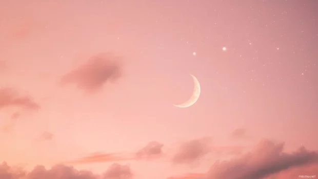 Dreamy pink sky with twinkling stars and a glowing crescent moon.