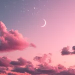Dreamy pink sky with twinkling stars and a glowing crescent moon.