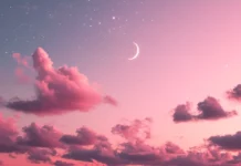 Dreamy pink sky with twinkling stars and a glowing crescent moon.