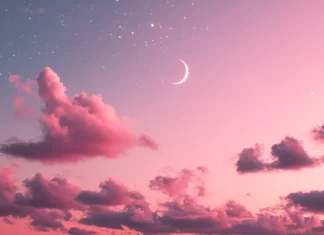 Dreamy pink sky with twinkling stars and a glowing crescent moon.