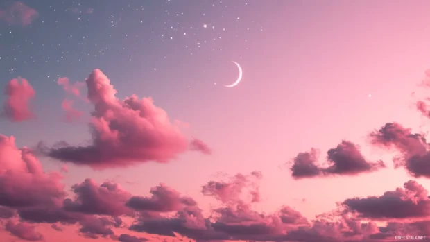 Dreamy pink sky with twinkling stars and a glowing crescent moon.