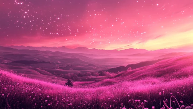 Dreamy pink starry wallpaper featuring pink stars hovering above rolling cotton candy hills.
