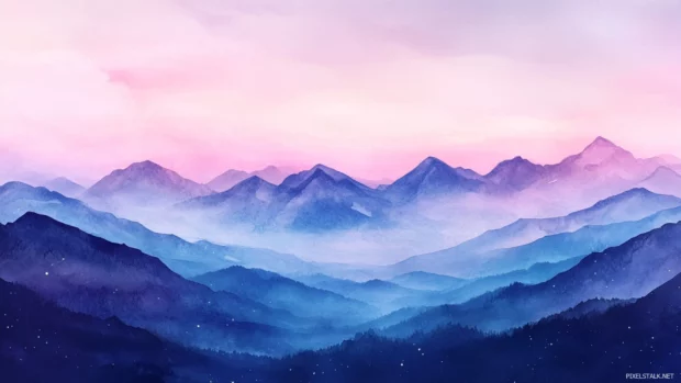 Dreamy twilight over distant watercolor mountains for a calming desktop wallpaper scene.